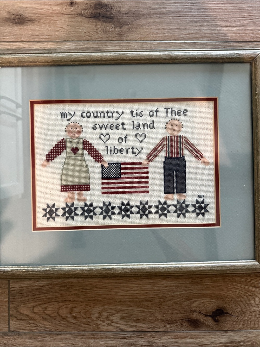 Patriotic Cross Stitch Framed Wall Art Americana Folk Art